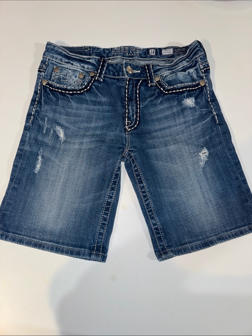 Miss Me Blue Distressed Denim Boyfriend Bermuda Shorts size 28